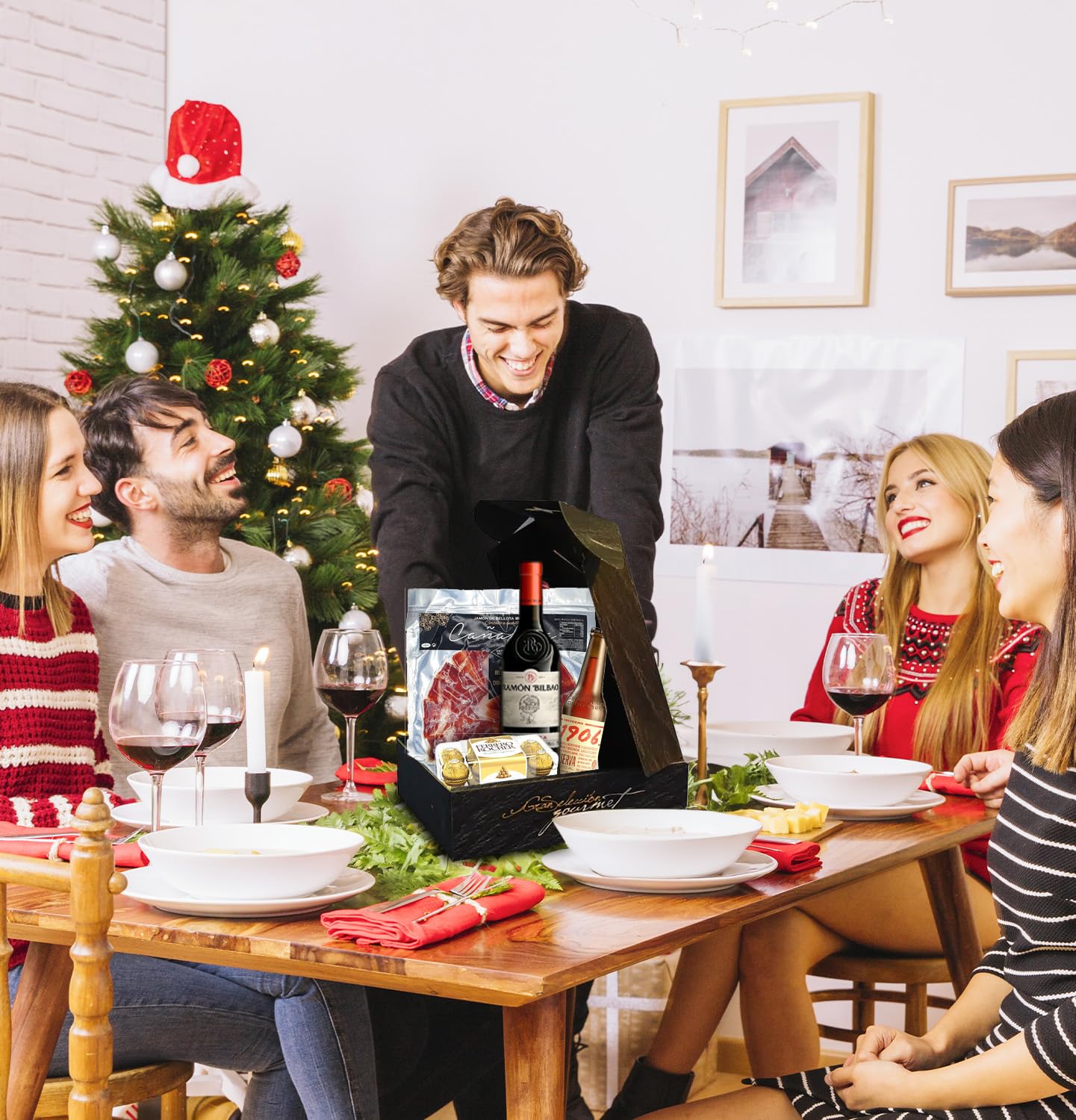 Cesto Gourmet para oferecer M | Perfeita como presente cesta de Natal para empresas, presunto ibérico de isca vinho tempranillo creme de morcela e creme de sobretudo par par PX pack polvones e balões