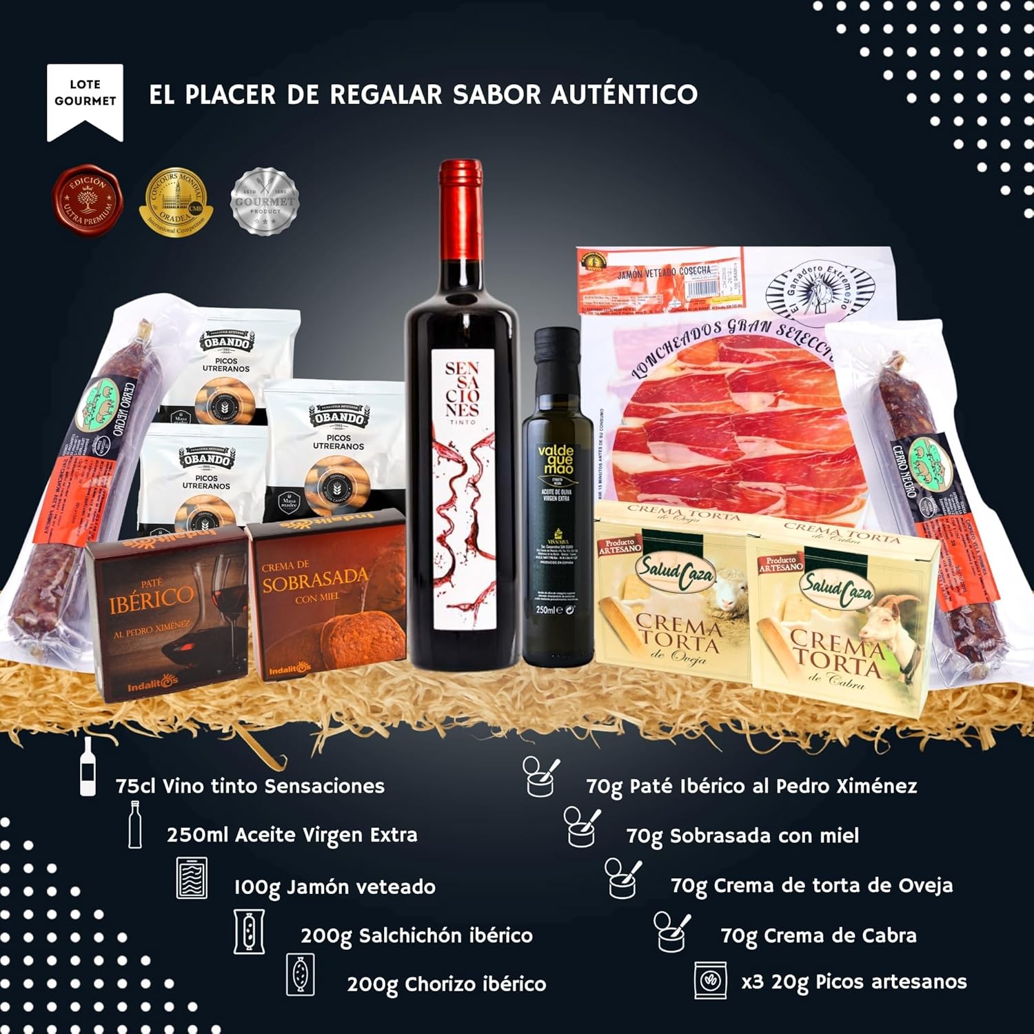 AF - Cesto gourmet para oferecer com vinho sensações de 75 cl, variedade de ibéricos, queijos cremes, OVE, patê de Pedro Ximenez, sobrasada e picos artesanais, cesta de Natal com presunto