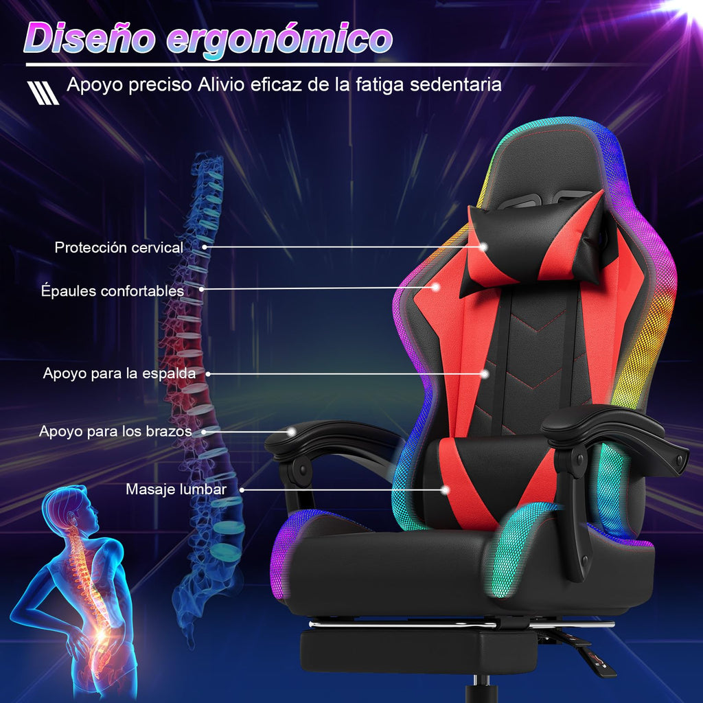 Devoko Cadeira de jogos com massajador e LED, cadeira de escritório ergonómica com apoio para os pés, cadeiras de jogos para escritório e jogos com iluminação RGB(branco)