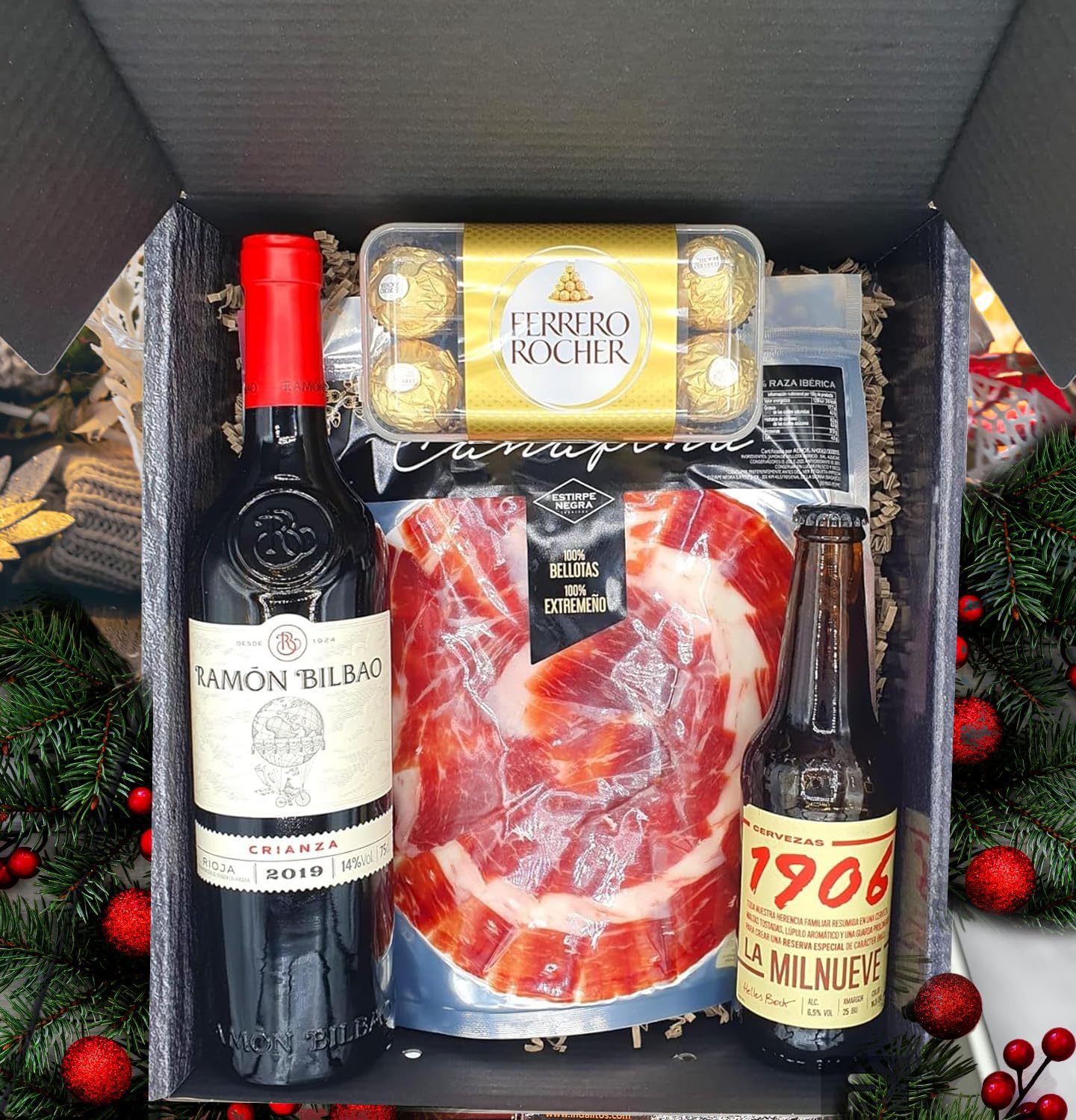 Cesto Gourmet para oferecer M | Perfeita como presente cesta de Natal para empresas, presunto ibérico de isca vinho tempranillo creme de morcela e creme de sobretudo par par PX pack polvones e balões