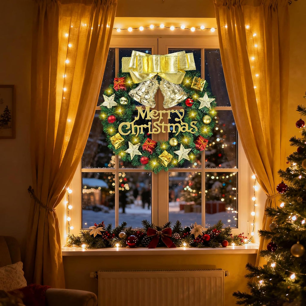 Ghirlanda Natalizia of 30 cm, Ghirlanda Natalizia per Porta with a Golden Bow, Two Golden Bells, Four Bright Five Pointed Stars and 30 Warm White LED Lights