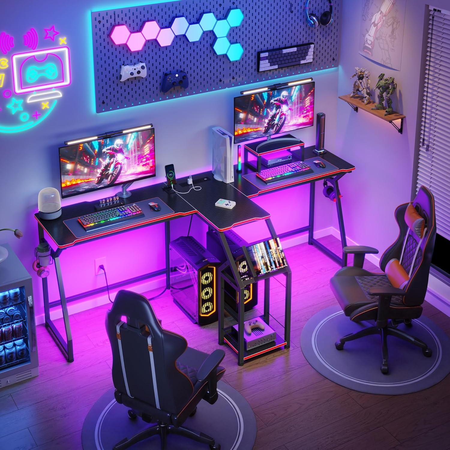 2 Person Computer Desk with Power Strip, Gaming Desk with LED Lights, Storage Rack, Long Double Desk with Monitor Shelf for Home Office, Black&Red Carbon Fiber, 80.8" W