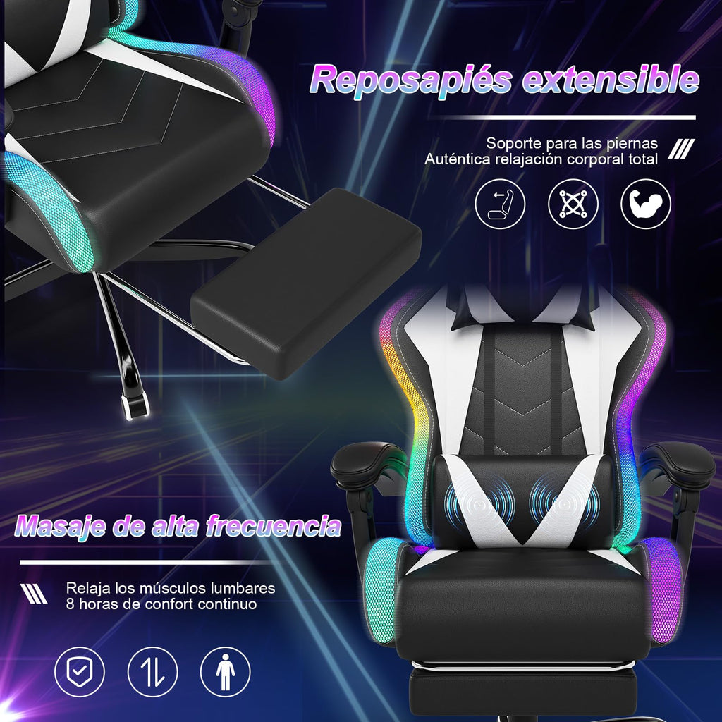 Devoko Cadeira de jogos com massajador e LED, cadeira de escritório ergonómica com apoio para os pés, cadeiras de jogos para escritório e jogos com iluminação RGB(branco)