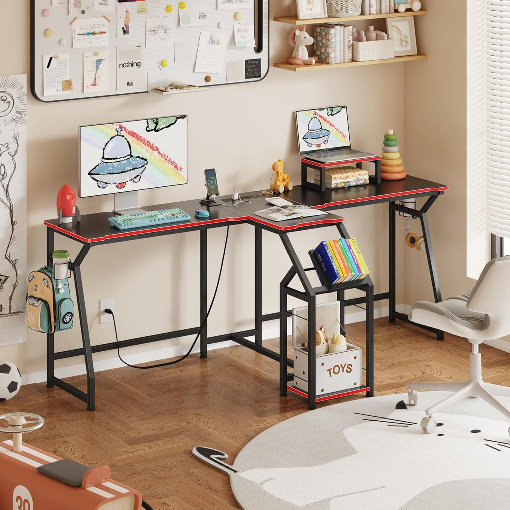 2 Person Computer Desk with Power Strip, Gaming Desk with LED Lights, Storage Rack, Long Double Desk with Monitor Shelf for Home Office, Black&Red Carbon Fiber, 80.8" W