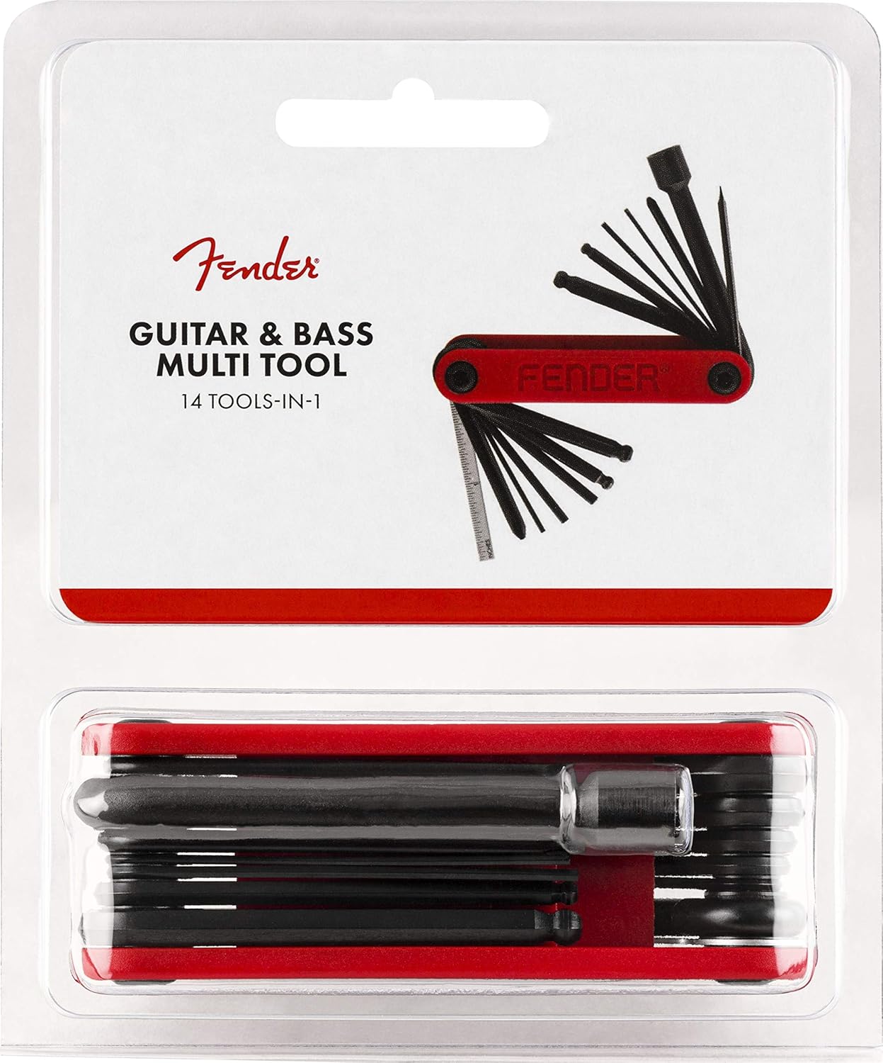 Fender Guitar,Bass Multi-Tool, 14-in-1 Maintenance Tool with Hex Wrenches, Screwdrivers, Truss Rod Socket, Durable Chrome Vanadium, Compact Design, Red