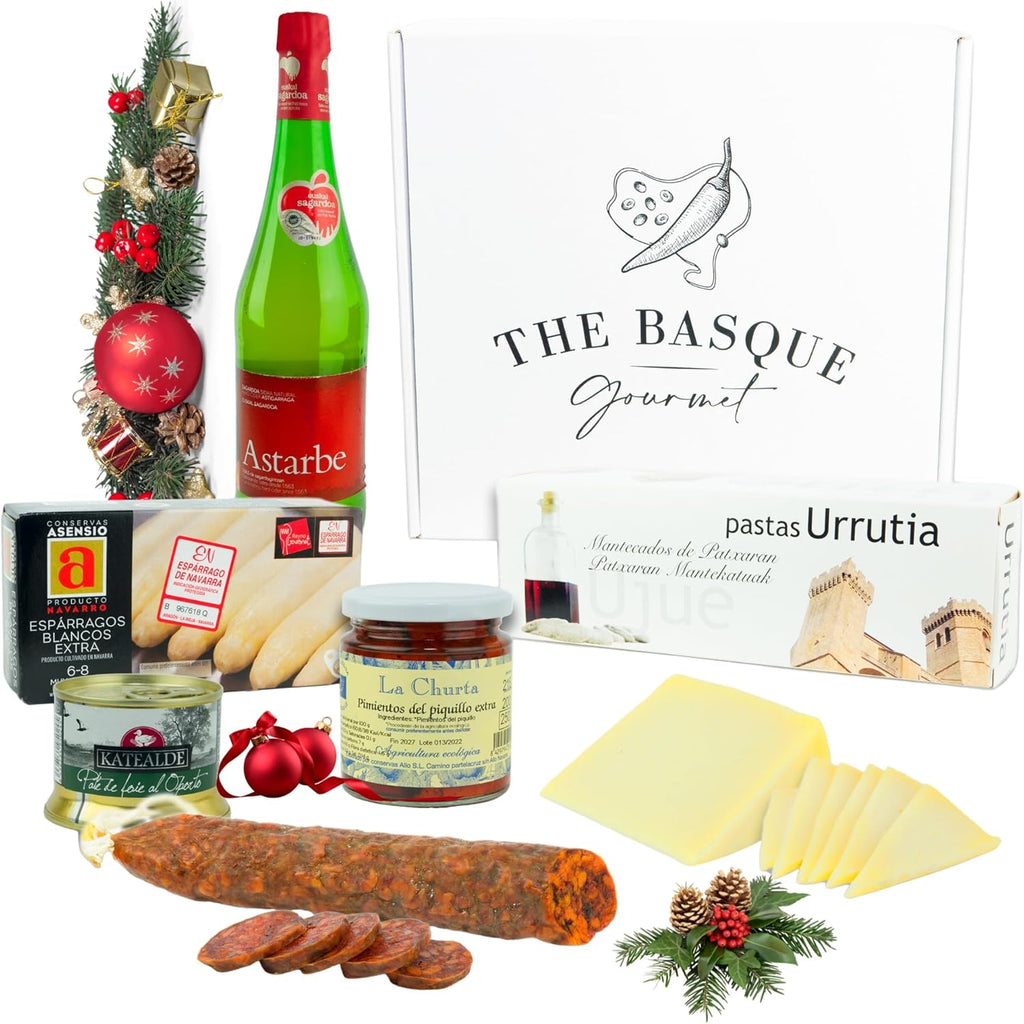 THE BASQUE gourmet Cesta de Natal presente de produtos de Euskal Herria – lote de Natal – queijo Idiazabal, paté, horizo, espargos de navarra, sidra basca, cesta gourmet para oferecer