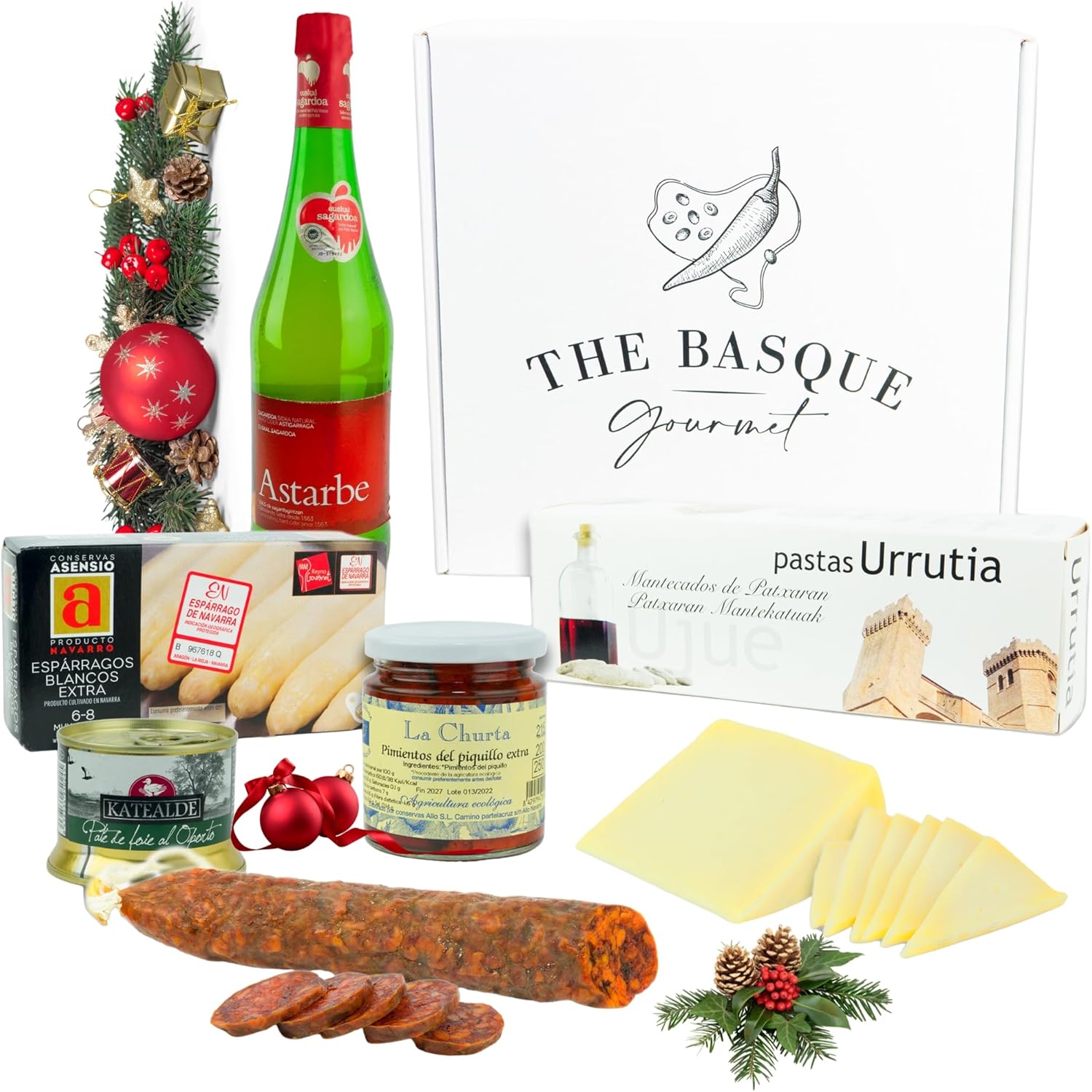 THE BASQUE gourmet Cesta de Natal presente de produtos de Euskal Herria – lote de Natal – queijo Idiazabal, paté, horizo, espargos de navarra, sidra basca, cesta gourmet para oferecer