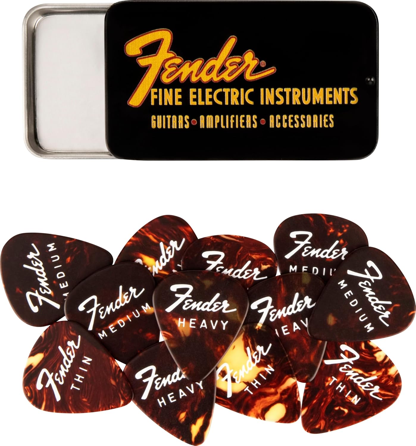 Fender «FINE ELECTRIC PICK TIN» Púas en Caja de Coleccionista - 12 Piezas, Celuloide, Forma 351, 3 Grosores, Color Tortoise Shell Sunburst