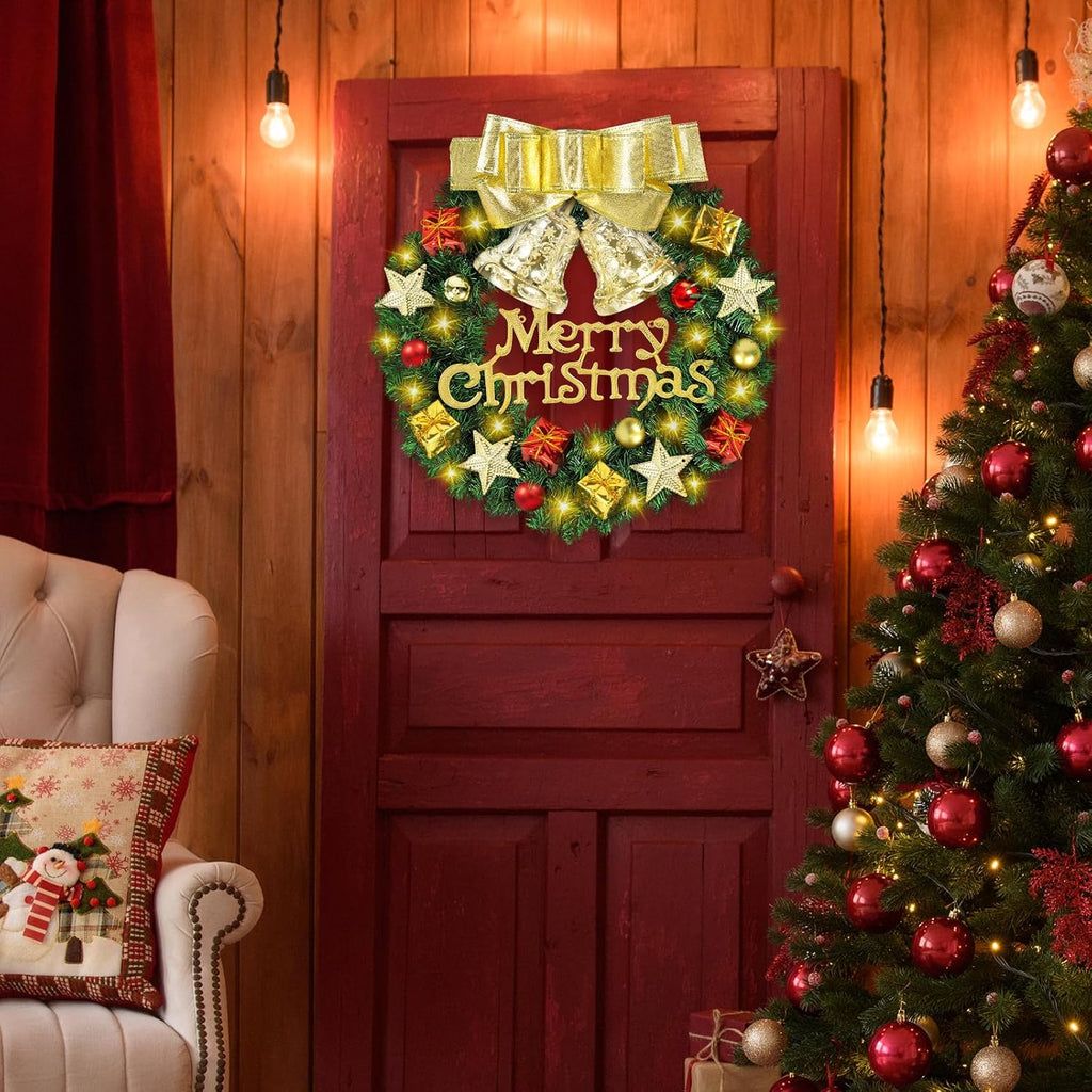 Ghirlanda Natalizia of 30 cm, Ghirlanda Natalizia per Porta with a Golden Bow, Two Golden Bells, Four Bright Five Pointed Stars and 30 Warm White LED Lights