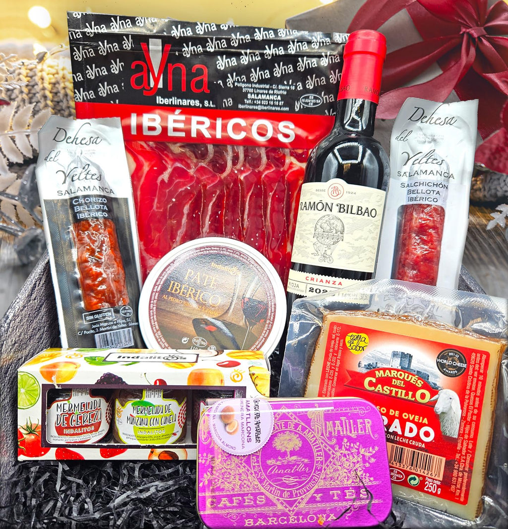 Cesto Gourmet para oferecer M | Perfeita como presente cesta de Natal para empresas, presunto ibérico de isca vinho tempranillo creme de morcela e creme de sobretudo par par PX pack polvones e balões