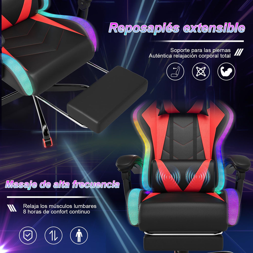 Devoko Cadeira de jogos com massajador e LED, cadeira de escritório ergonómica com apoio para os pés, cadeiras de jogos para escritório e jogos com iluminação RGB(branco)