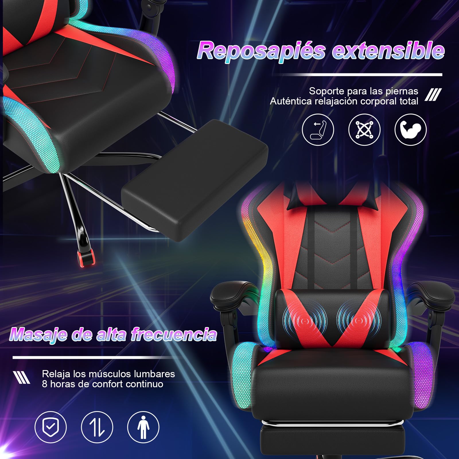 Devoko Cadeira de jogos com massajador e LED, cadeira de escritório ergonómica com apoio para os pés, cadeiras de jogos para escritório e jogos com iluminação RGB(branco)