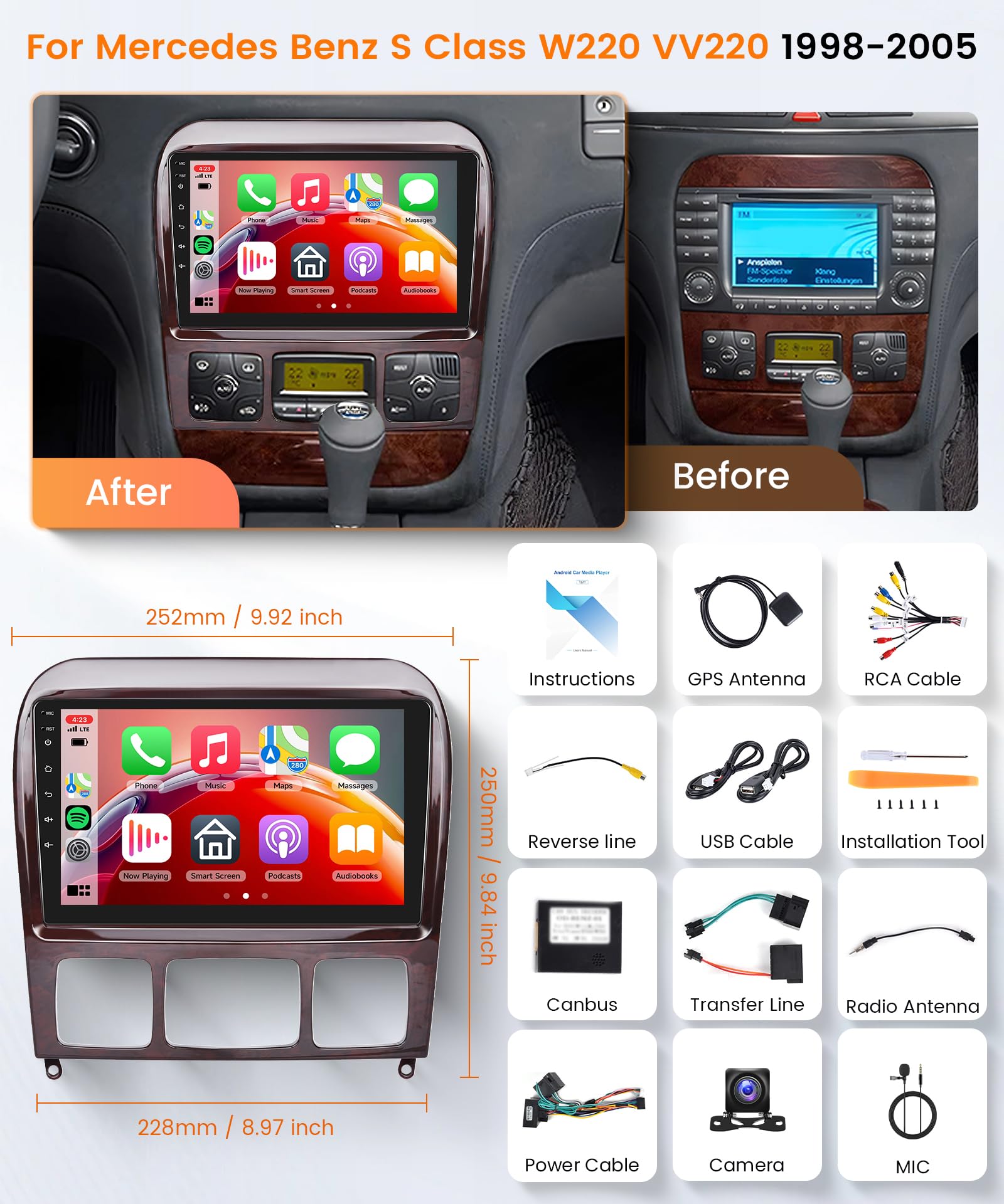 4G+64G Wireless Carplay Android Car Radio for Mercedes Benz S Class W220 VV220 1998-2005 9 Inch Radio with Android Auto GPS Navi WiFi Mirror Link Bluetooth FM/RDS/32 EQ/USB/SWC Rear Camera