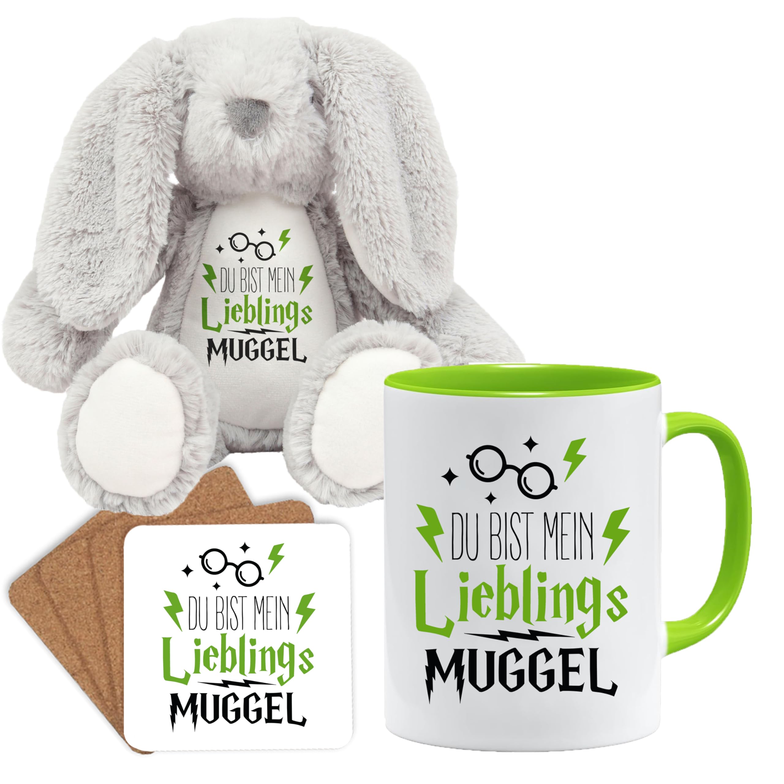 Jungle Mug Caneca de presente divertida com frase | Du bist mein lieblings Mugggel | ideia de presente | ideia de presente para amigo (Teddy, caneca e conjunto de porta-copos (amarelo))