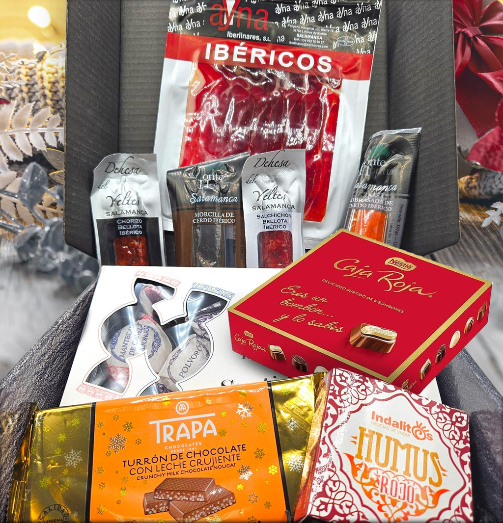 Cesto Gourmet para oferecer M | Perfeita como presente cesta de Natal para empresas, presunto ibérico de isca vinho tempranillo creme de morcela e creme de sobretudo par par PX pack polvones e balões