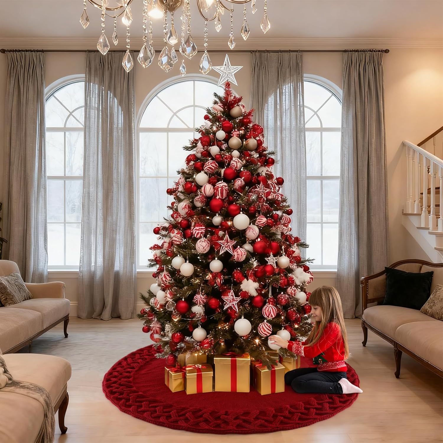 Dremisland Saia grande para árvore de Natal 92 cm saia de árvore rústica tecida de malha neve esteira de saia de bordeaux tapete redondo tapete para férias ano novo