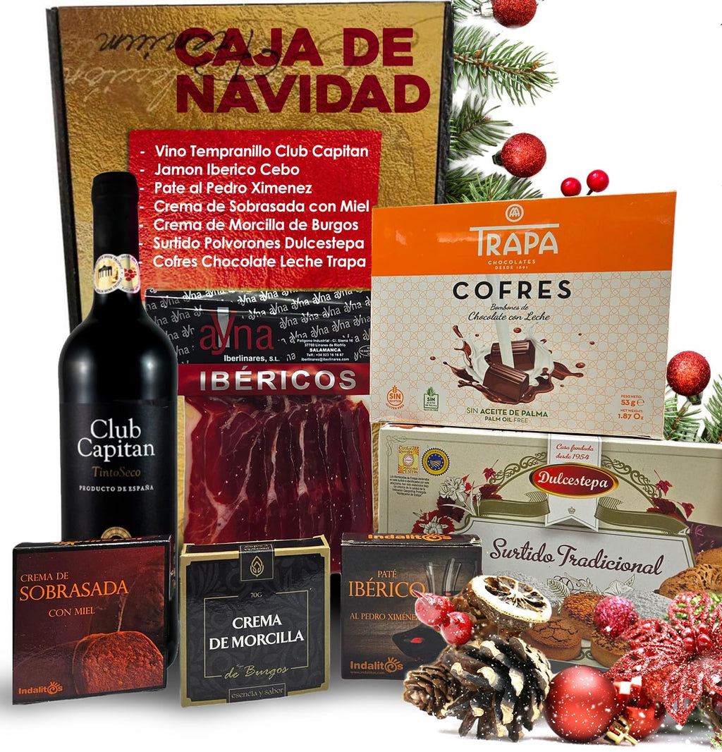 Cesto Gourmet para oferecer M | Perfeita como presente cesta de Natal para empresas, presunto ibérico de isca vinho tempranillo creme de morcela e creme de sobretudo par par PX pack polvones e balões