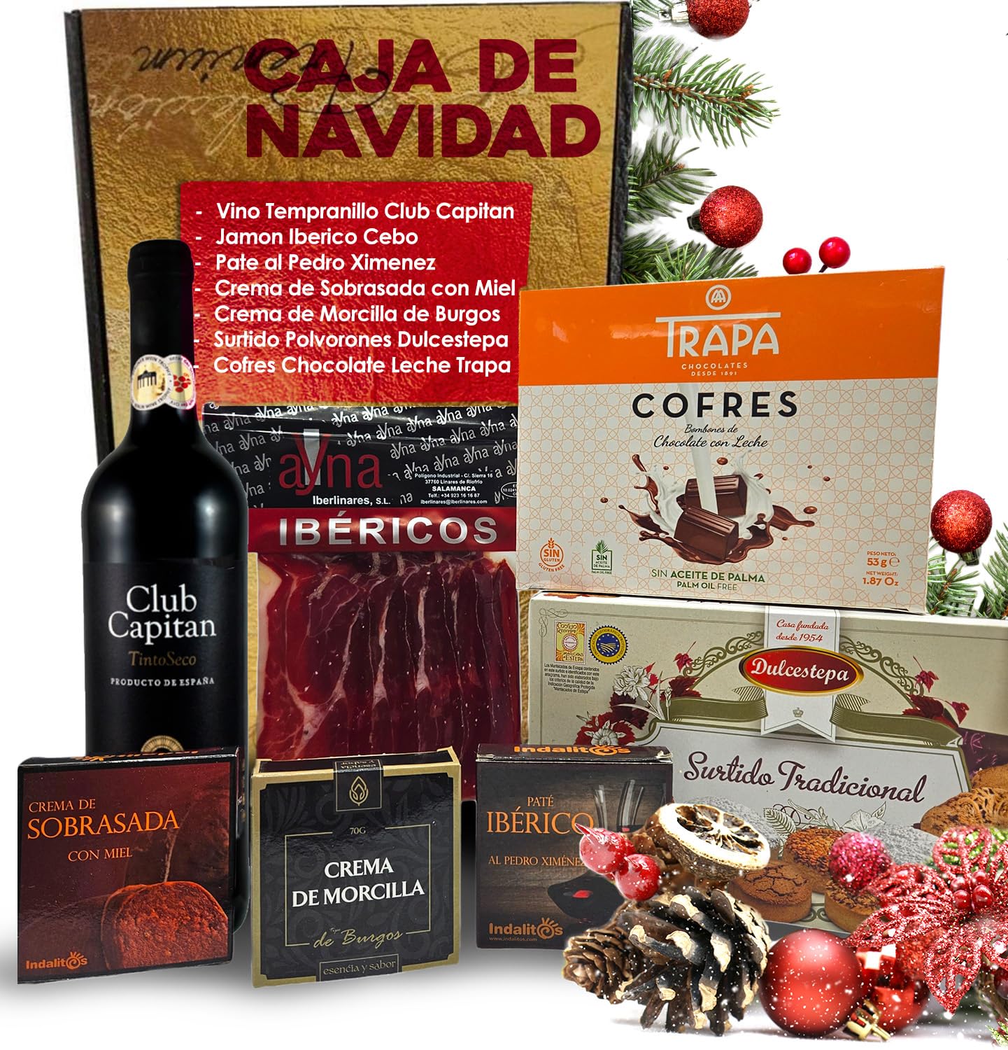 Cesto Gourmet para oferecer M | Perfeita como presente cesta de Natal para empresas, presunto ibérico de isca vinho tempranillo creme de morcela e creme de sobretudo par par PX pack polvones e balões