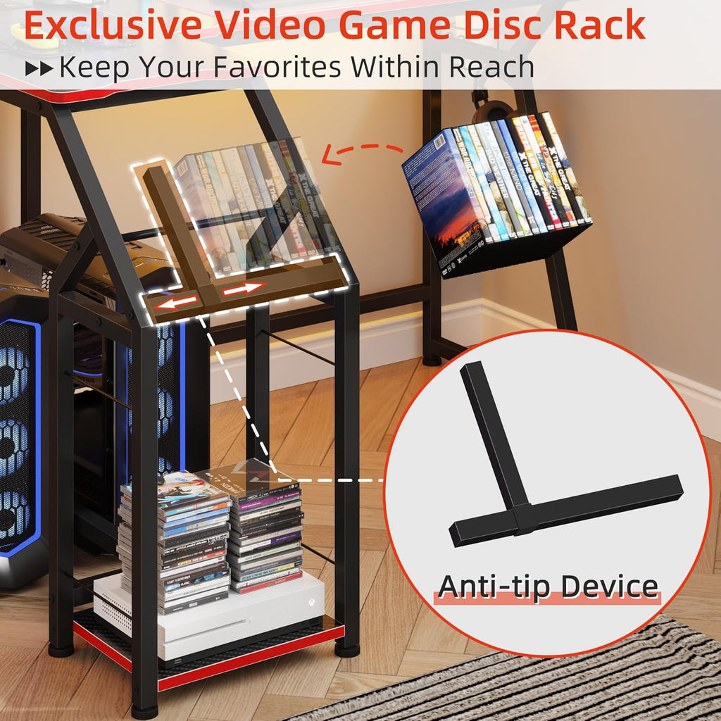 2 Person Computer Desk with Power Strip, Gaming Desk with LED Lights, Storage Rack, Long Double Desk with Monitor Shelf for Home Office, Black&Red Carbon Fiber, 80.8" W