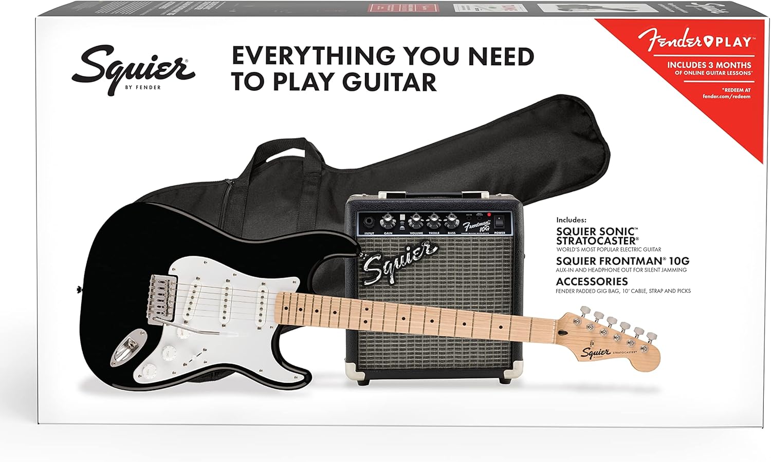 Squier by Fender Sonic Stratocaster Pack de Guitarra Eléctrica, Diapasón de Arce, Negro, Funda, Amplificador Squier Frontman 10G - 230V EU, Incluye cursos virtuales gratuitos en Fender Play