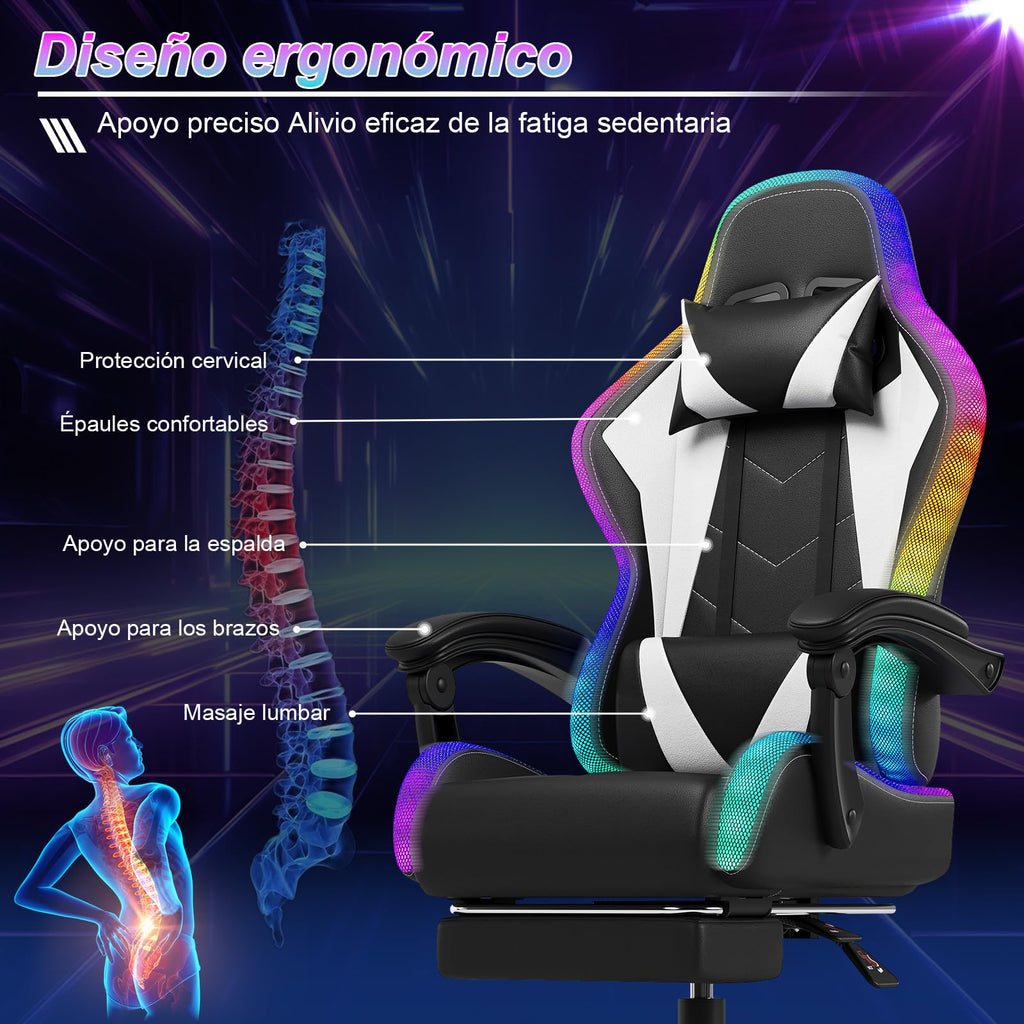 Devoko Cadeira de jogos com massajador e LED, cadeira de escritório ergonómica com apoio para os pés, cadeiras de jogos para escritório e jogos com iluminação RGB(branco)