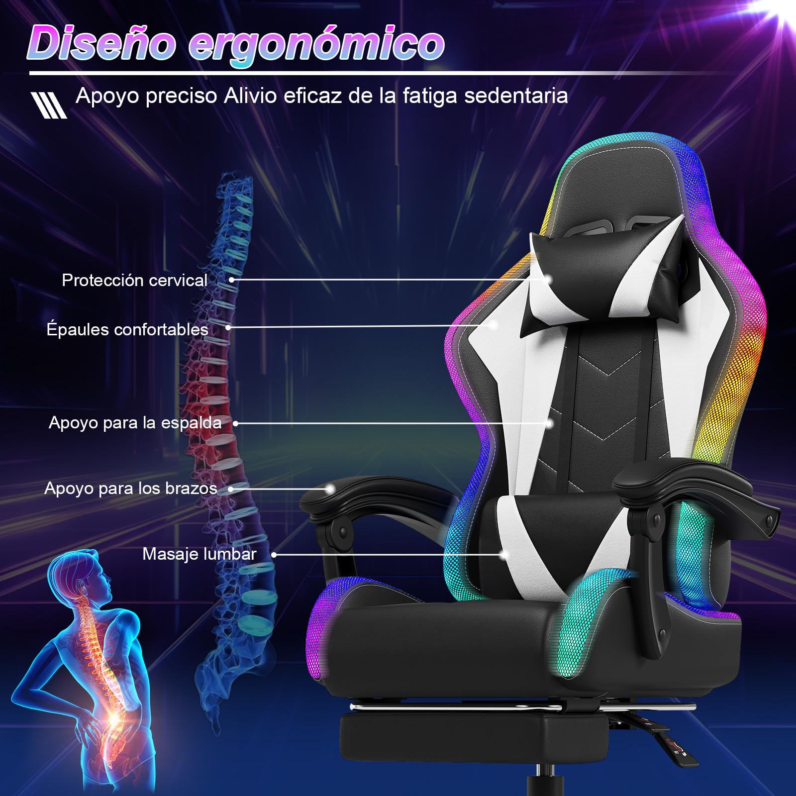 Devoko Cadeira de jogos com massajador e LED, cadeira de escritório ergonómica com apoio para os pés, cadeiras de jogos para escritório e jogos com iluminação RGB(branco)