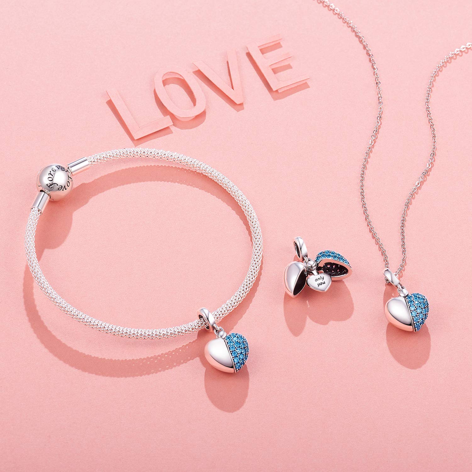 NINGAN Colgante Charms de plata esterlina 925 "I Love You colgante en forma de corazón de zircon brillante adecuado para pulseras de mujer collar regalo de San Valentín