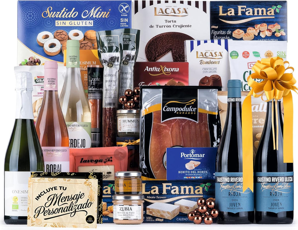 Cesta de Natal Gourmet sem glúten 2025 (lote 224), com presunto, Brute, vinhos austino, torrões, ibéricos e queijo, inclui cartão personalizável, presente corporativo, familiar ou pessoal