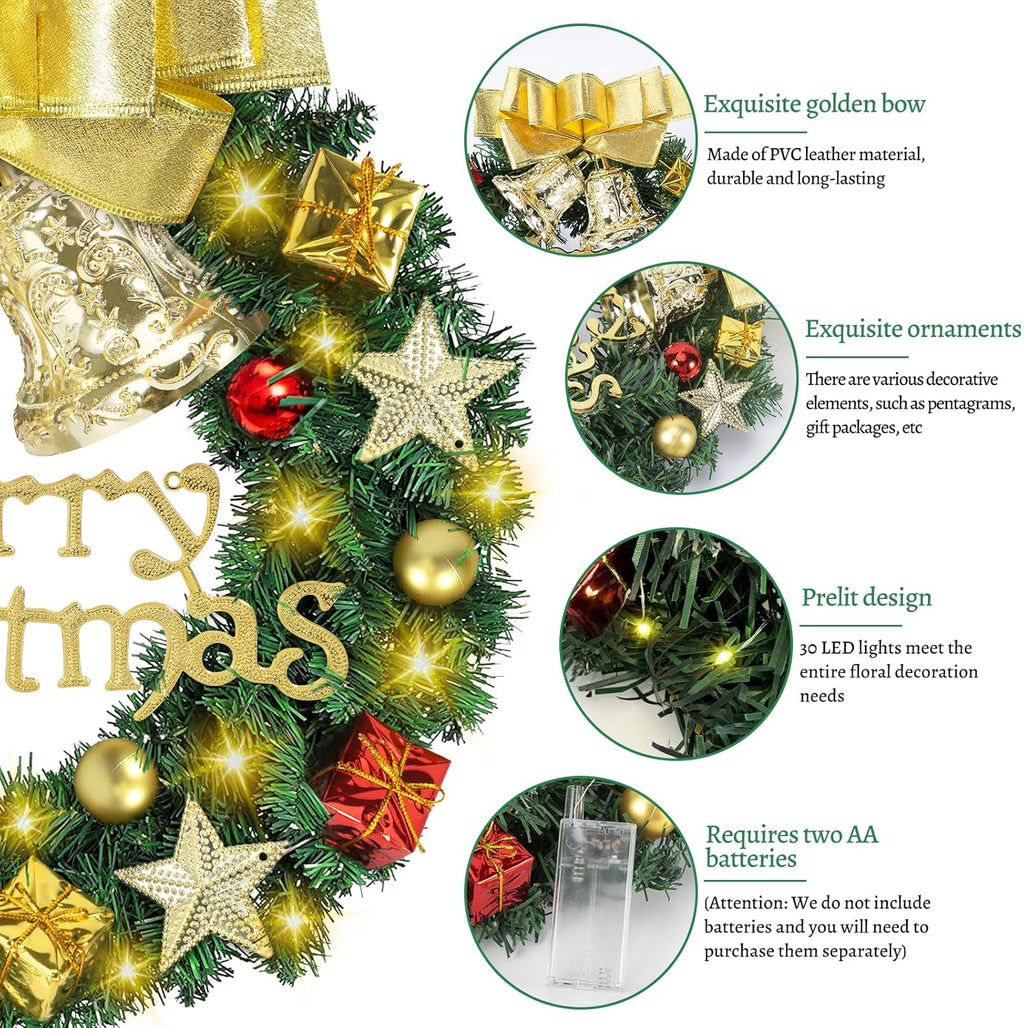 Ghirlanda Natalizia of 30 cm, Ghirlanda Natalizia per Porta with a Golden Bow, Two Golden Bells, Four Bright Five Pointed Stars and 30 Warm White LED Lights