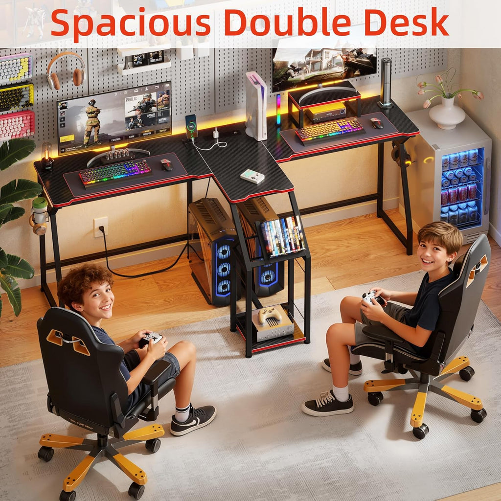 2 Person Computer Desk with Power Strip, Gaming Desk with LED Lights, Storage Rack, Long Double Desk with Monitor Shelf for Home Office, Black&Red Carbon Fiber, 80.8" W