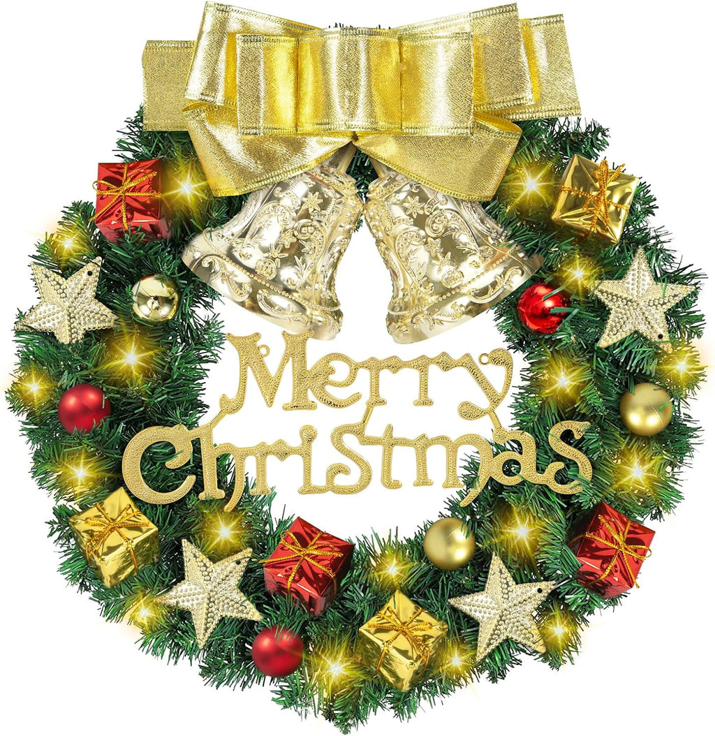 Ghirlanda Natalizia of 30 cm, Ghirlanda Natalizia per Porta with a Golden Bow, Two Golden Bells, Four Bright Five Pointed Stars and 30 Warm White LED Lights