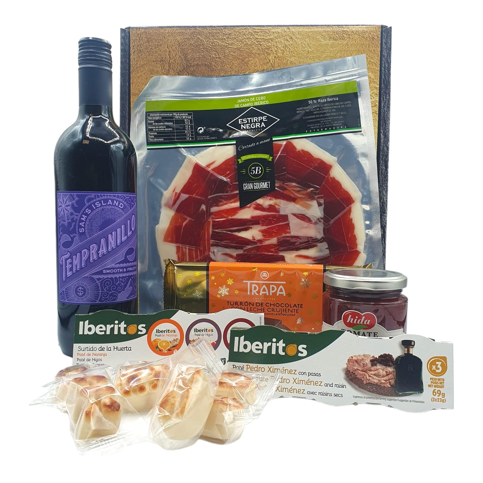 Cesto Gourmet para oferecer M | Perfeita como presente cesta de Natal para empresas, presunto ibérico de isca vinho tempranillo creme de morcela e creme de sobretudo par par PX pack polvones e balões