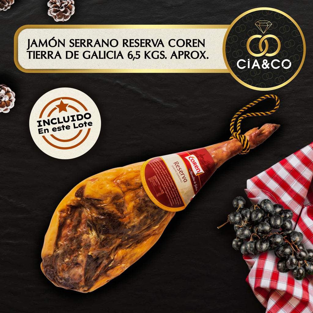 Christmas Basket with Gourmet Ham 2025 (Lot 217) · With Red and White Wine Rioja, Cava, Gin, Beer, Sweets and Iberian · Includes Customizable Card · Ideal Corporate or Family Gift