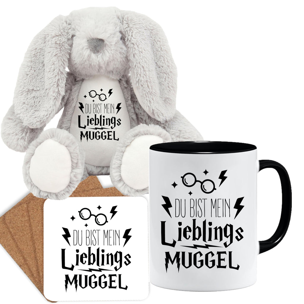 Jungle Mug Caneca de presente divertida com frase | Du bist mein lieblings Mugggel | ideia de presente | ideia de presente para amigo (Teddy, caneca e conjunto de porta-copos (amarelo))