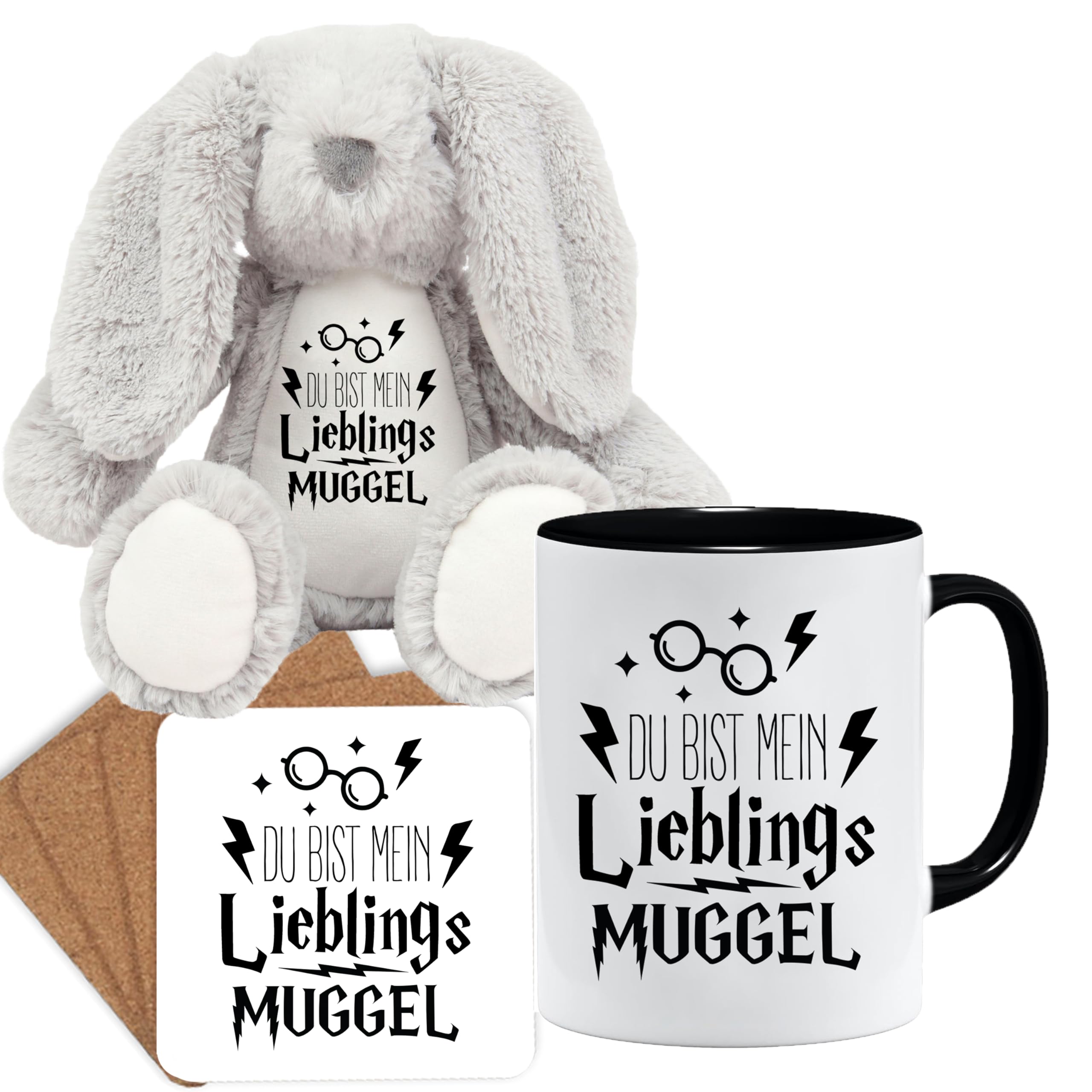 Jungle Mug Caneca de presente divertida com frase | Du bist mein lieblings Mugggel | ideia de presente | ideia de presente para amigo (Teddy, caneca e conjunto de porta-copos (amarelo))