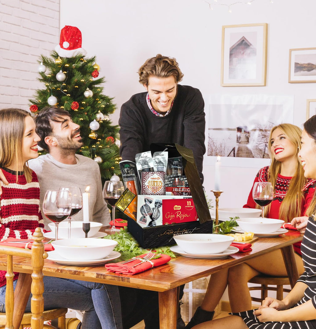 Cesto Gourmet para oferecer M | Perfeita como presente cesta de Natal para empresas, presunto ibérico de isca vinho tempranillo creme de morcela e creme de sobretudo par par PX pack polvones e balões