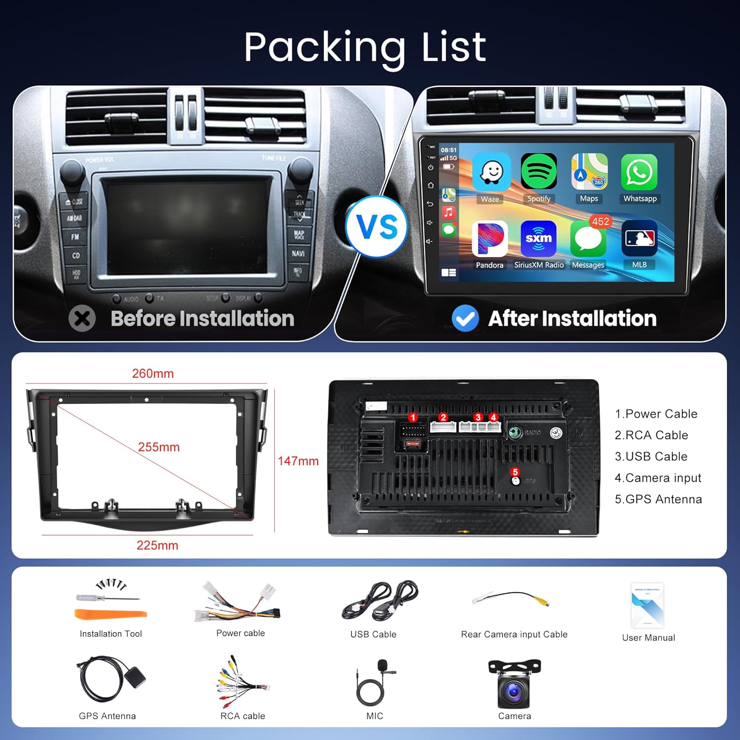 4G+64G Wireless Carplay Android Car Radio 2 DIN for Toyota RAV4 2007-2012 with Android Auto Navi GPS WiFi 9 Inch Car Radio with Mirror Link Bluetooth FM/RDS/DAB/DVR/32 EQ/SWC Rear Camera