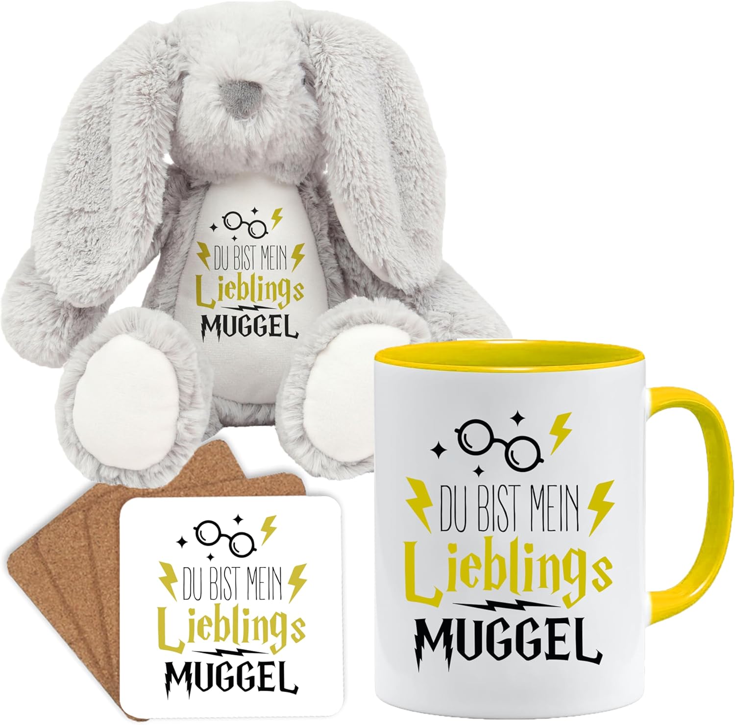 Jungle Mug Caneca de presente divertida com frase | Du bist mein lieblings Mugggel | ideia de presente | ideia de presente para amigo (Teddy, caneca e conjunto de porta-copos (amarelo))
