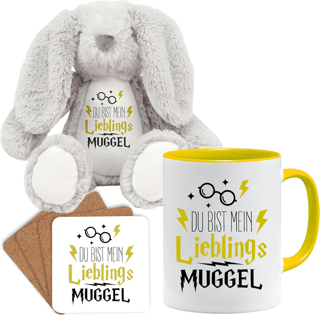Jungle Mug Caneca de presente divertida com frase | Du bist mein lieblings Mugggel | ideia de presente | ideia de presente para amigo (Teddy, caneca e conjunto de porta-copos (amarelo))