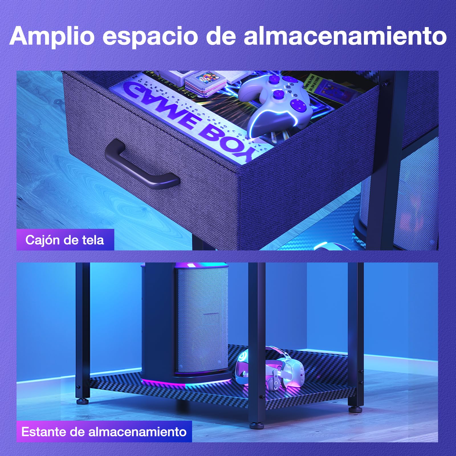 Escritorio para juegos Coleshome con iluminación LED, 120 x 48 cm, cajones y soporte, reversible, con gancho para casco, fibra de carbono negra 