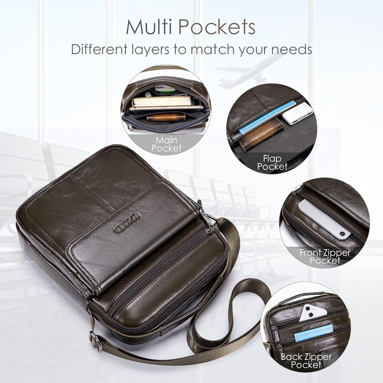 SPAHER Bolsa de ombro grande de pele para homem - mala de cavalheiro de couro - Balança para homens - Man Bag, B454 Café castanho, Utilitário