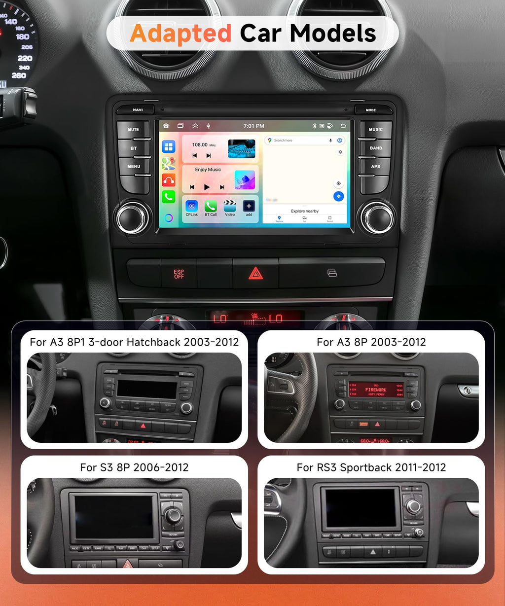 6G+128G 8 Core Wireless Carplay Android Car Radio for Audi A3 8P A3 8P1 S3 RS3 8P RS3 Sportback 7 Inch Car Radio Android Auto GPS Navi WiFi Mirror Link Bluetooth FM/RDS/DSP Rear Camera