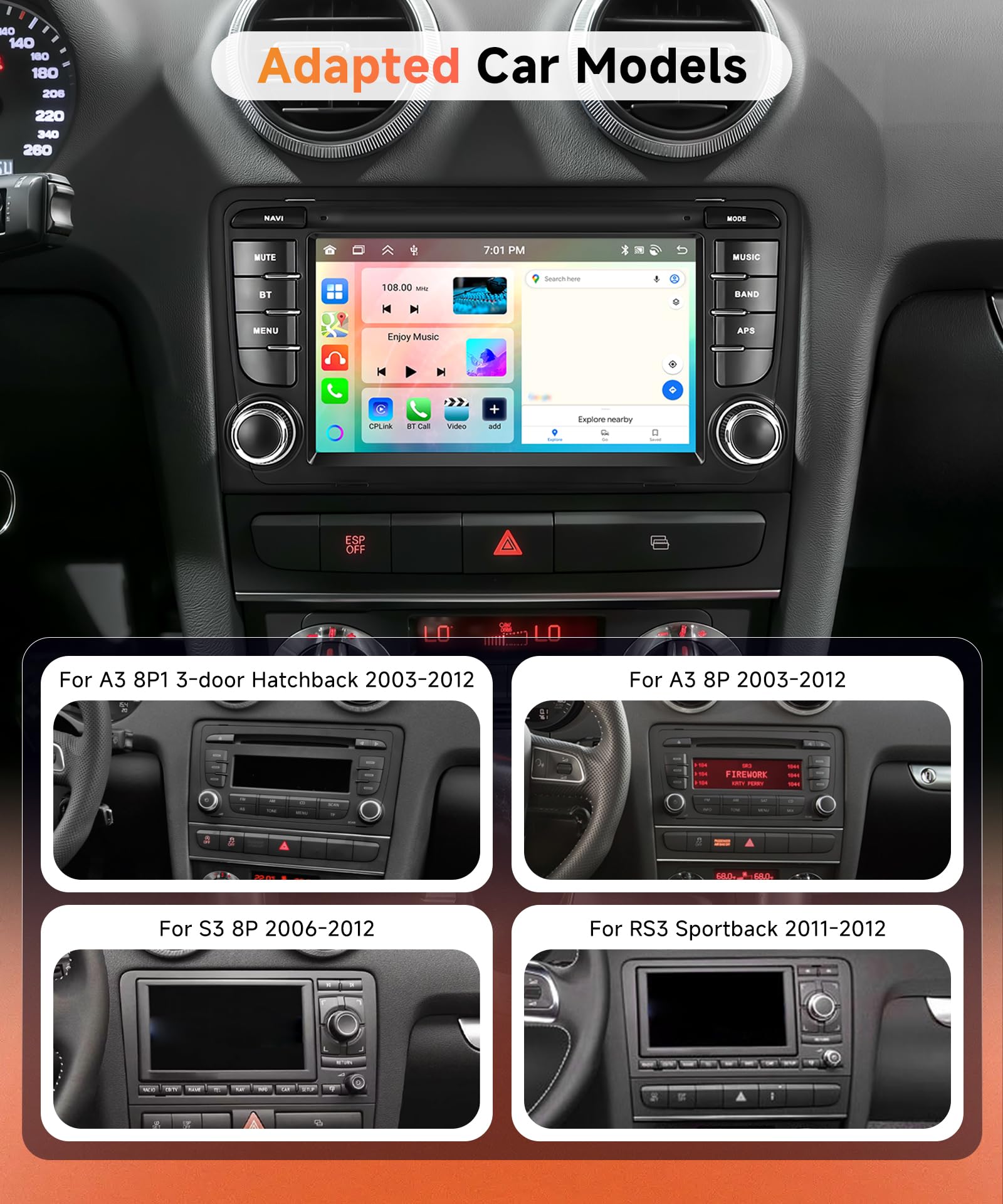 6G+128G 8 Core Wireless Carplay Android Car Radio for Audi A3 8P A3 8P1 S3 RS3 8P RS3 Sportback 7 Inch Car Radio Android Auto GPS Navi WiFi Mirror Link Bluetooth FM/RDS/DSP Rear Camera