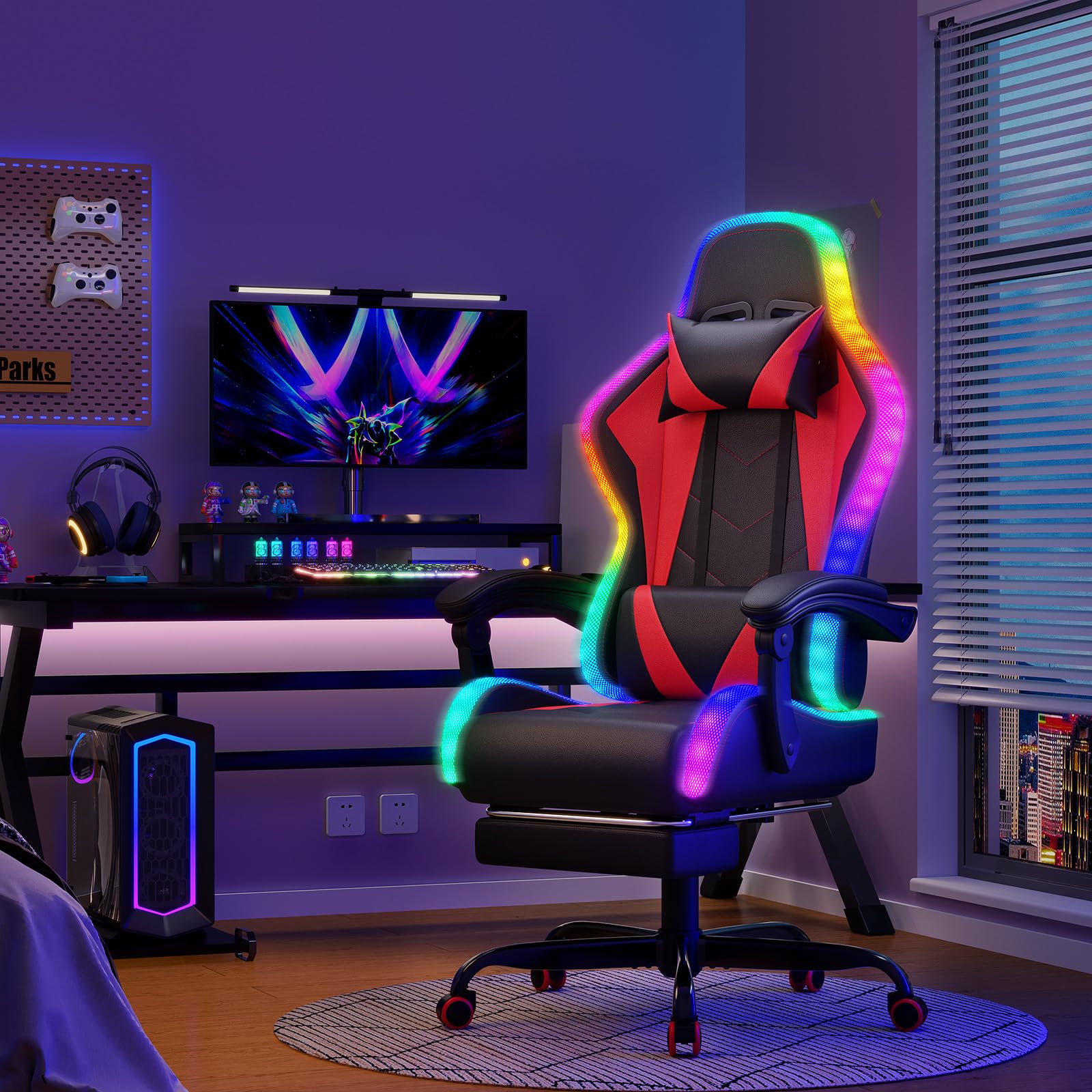 Devoko Cadeira de jogos com massajador e LED, cadeira de escritório ergonómica com apoio para os pés, cadeiras de jogos para escritório e jogos com iluminação RGB(branco)