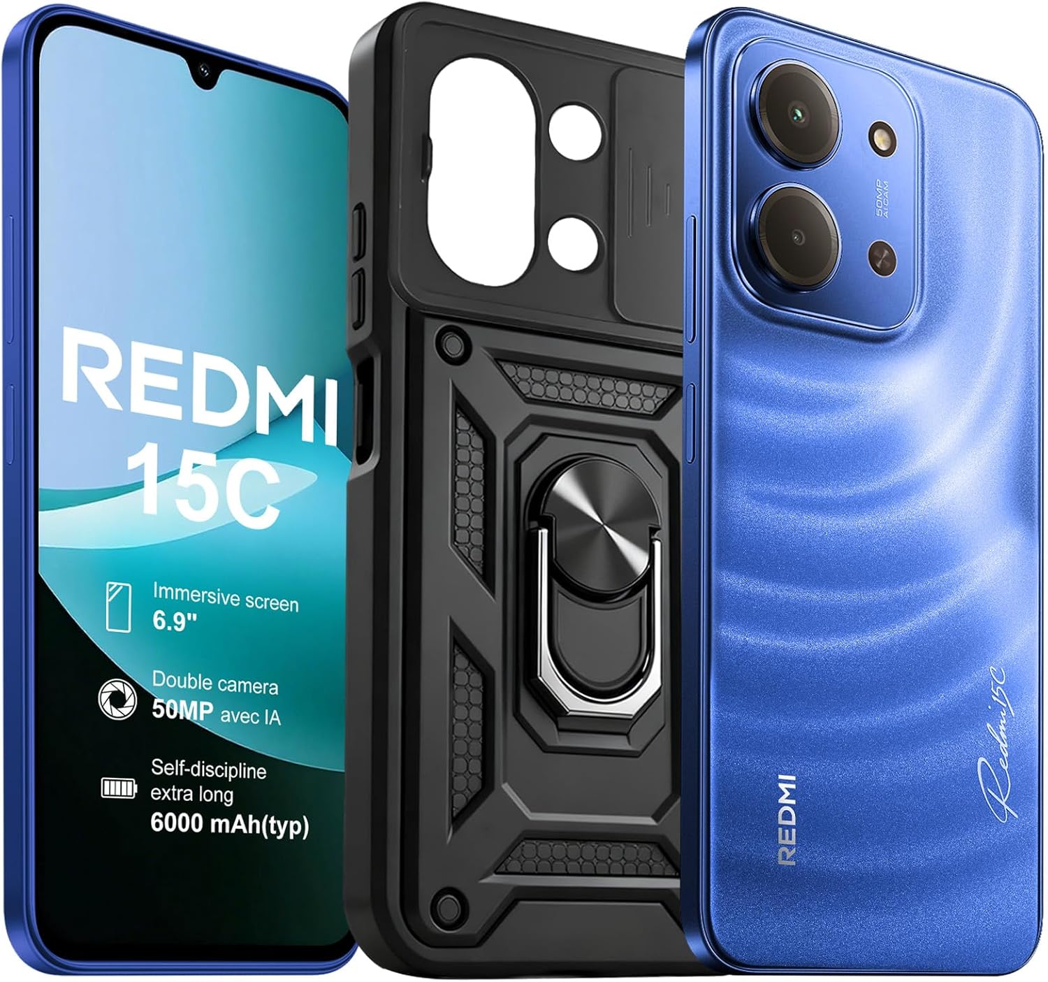 XIAOMI Redmi 15C Smartphone 4+128GB Pantalla de 6.9" 120Hz cámara IA de 50MP batería de 6000mAh Carga rápida de 33W procesador Octa-Core Azul(con Funda)