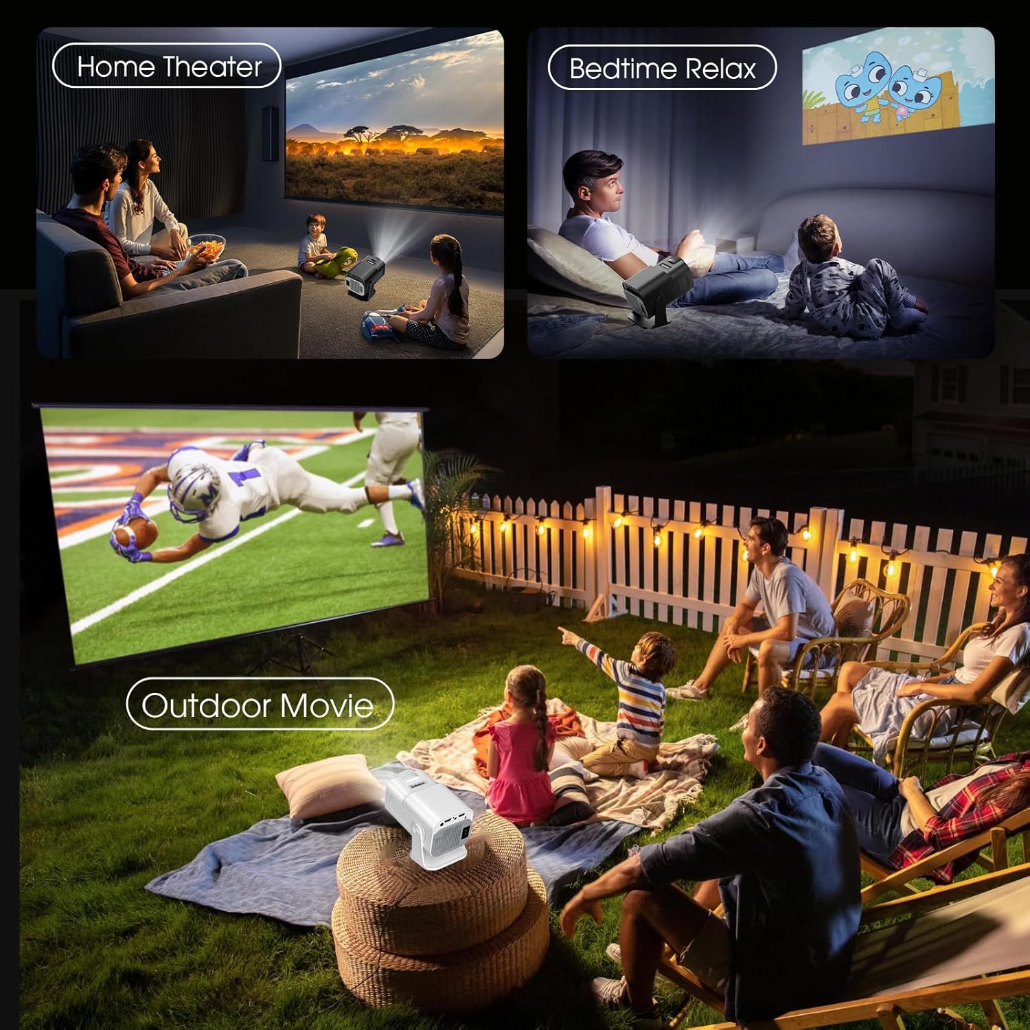 [App integrado] 2025 atualizado projetor portátil 1920 x 1080P 4K supote videoprojetor duplo controlo TV WiFi 6 BT5.2 180° rotação HDMI/TV Stick/USB/PS5/Laptop, com cabo HDMI e rato Black Banco