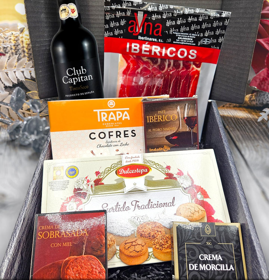 Cesto Gourmet para oferecer M | Perfeita como presente cesta de Natal para empresas, presunto ibérico de isca vinho tempranillo creme de morcela e creme de sobretudo par par PX pack polvones e balões