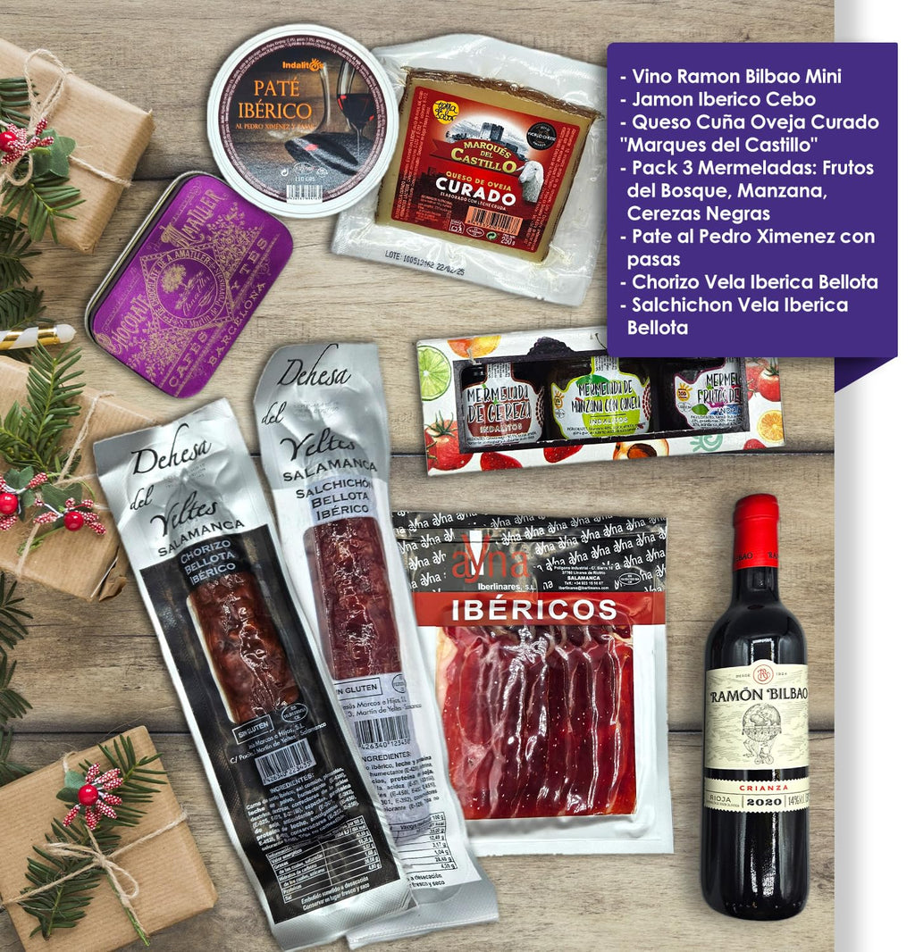 Cesto Gourmet para oferecer M | Perfeita como presente cesta de Natal para empresas, presunto ibérico de isca vinho tempranillo creme de morcela e creme de sobretudo par par PX pack polvones e balões
