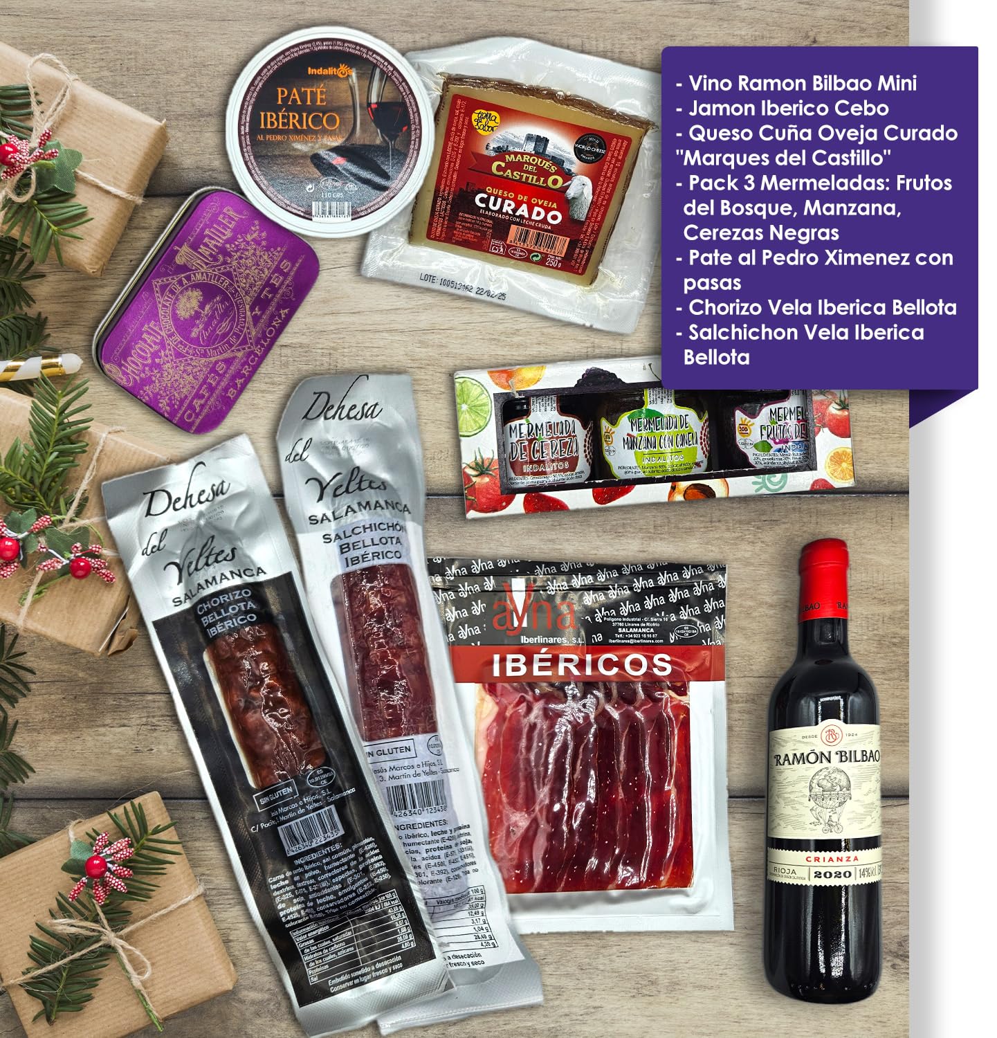 Cesto Gourmet para oferecer M | Perfeita como presente cesta de Natal para empresas, presunto ibérico de isca vinho tempranillo creme de morcela e creme de sobretudo par par PX pack polvones e balões
