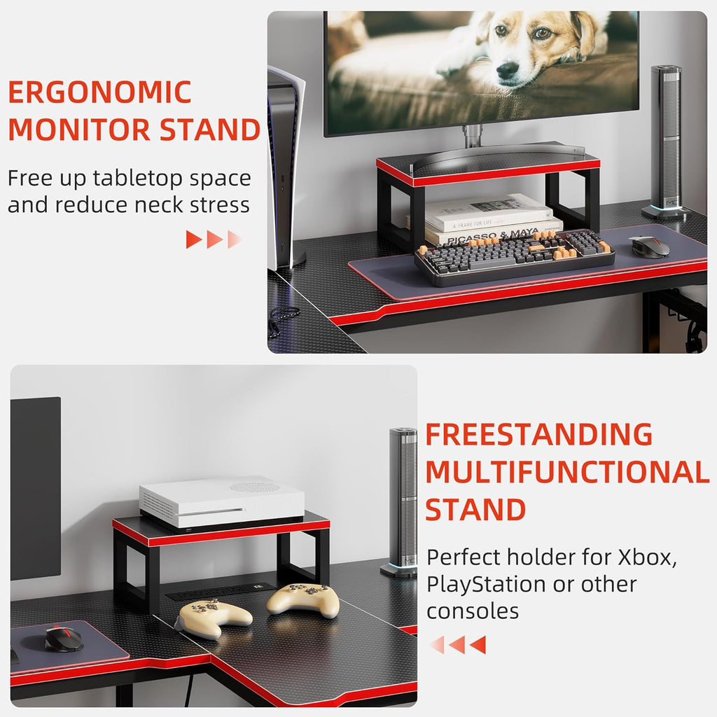 2 Person Computer Desk with Power Strip, Gaming Desk with LED Lights, Storage Rack, Long Double Desk with Monitor Shelf for Home Office, Black&Red Carbon Fiber, 80.8" W